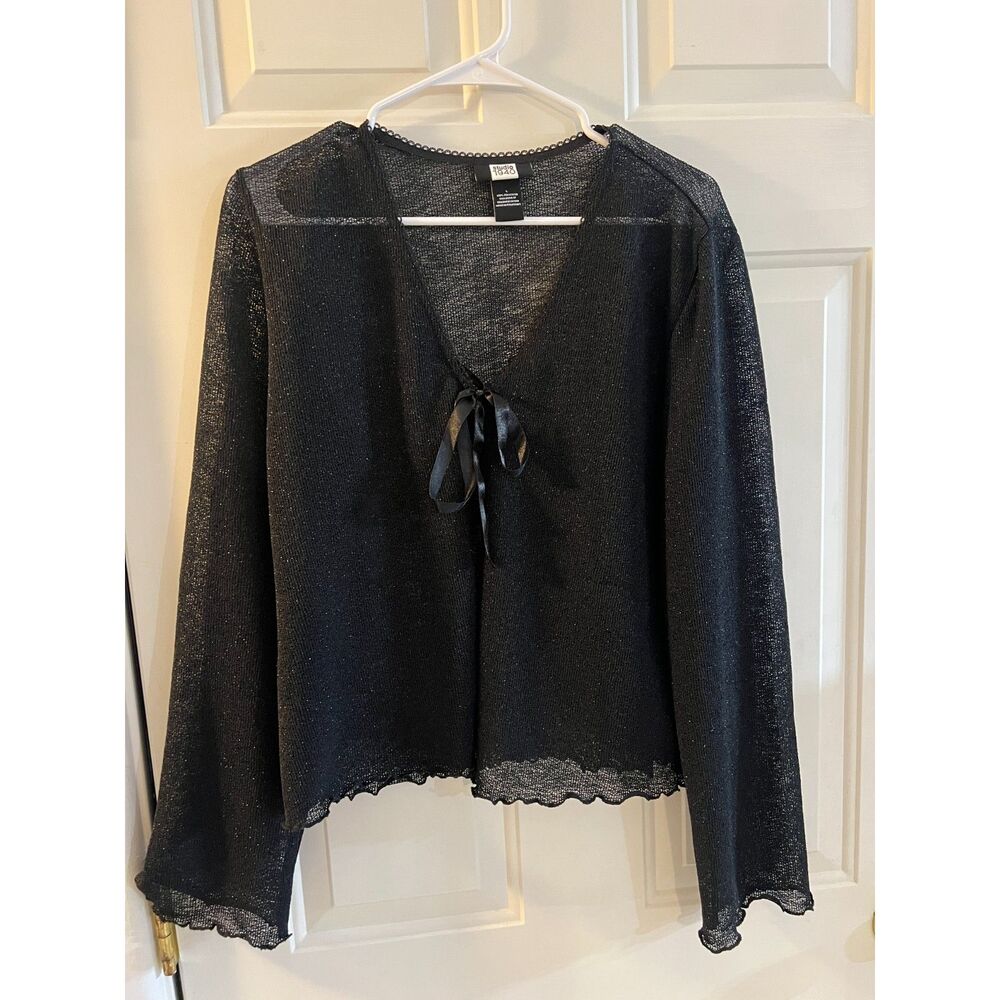 Black Sheer Metallic Knit Tie Front Top Cardigan Sparkly Bow Witchy NYE Party L